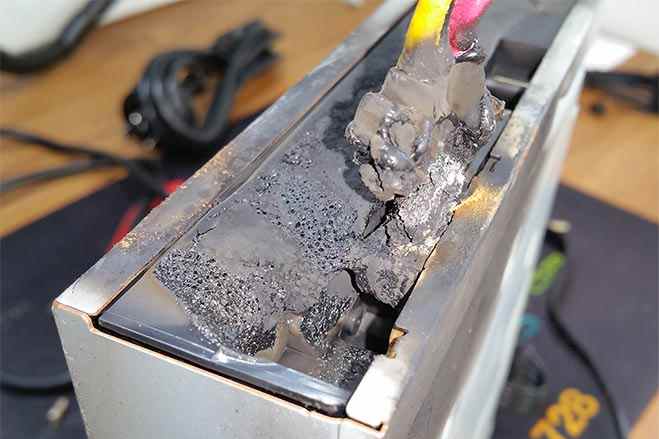 DVD drive that had caught fire inside a customers computer